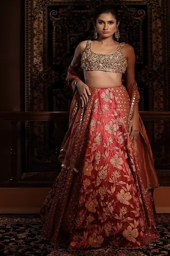 red embroidered silk Lehenga