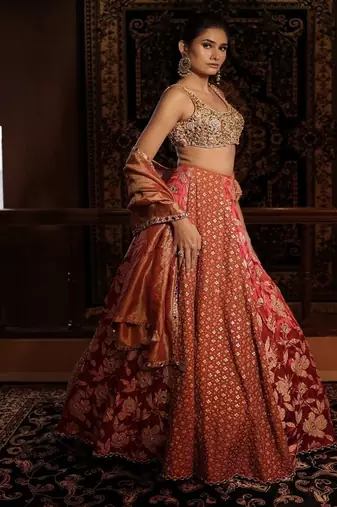 red embroidered silk Lehenga