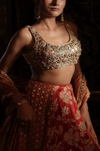red embroidered silk Lehenga
