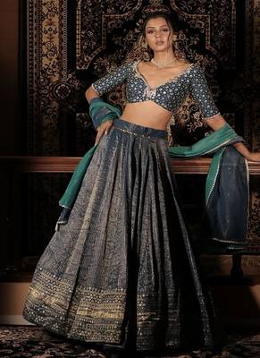 teal-blue embroidered silk Lehenga 1