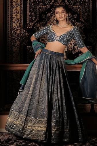 teal-blue embroidered silk Lehenga