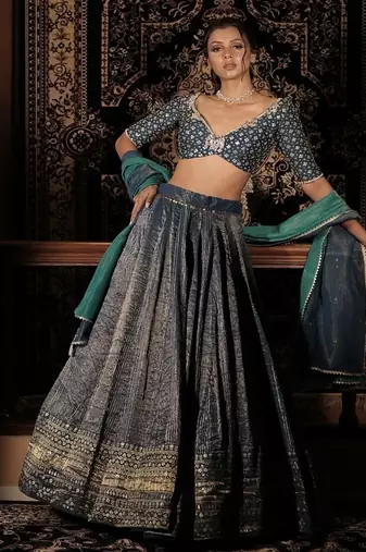 teal-blue embroidered silk Lehenga
