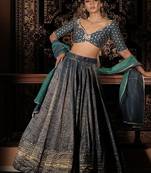 teal-blue embroidered silk Lehenga