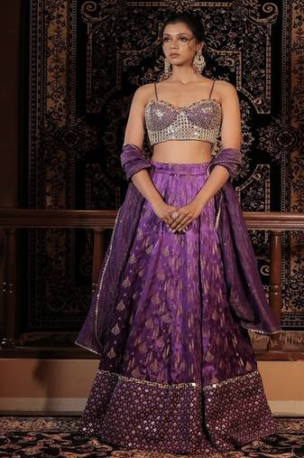 purple embroidered silk Lehenga