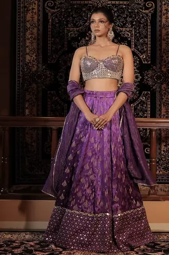 purple embroidered silk Lehenga