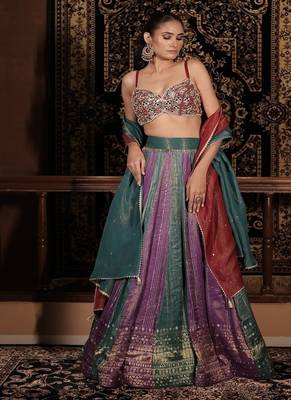 turquoise embroidered silk Lehenga 1