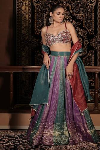 turquoise embroidered silk Lehenga