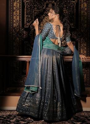 teal-blue embroidered silk Lehenga 2