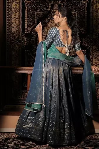 teal-blue embroidered silk Lehenga