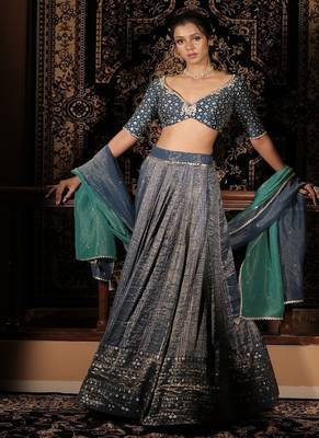 teal-blue embroidered silk Lehenga 3