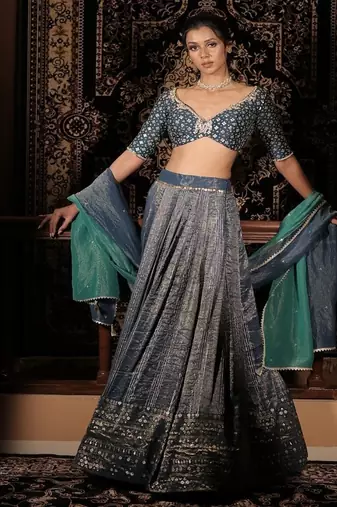 teal-blue embroidered silk Lehenga