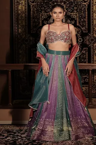 turquoise embroidered silk Lehenga