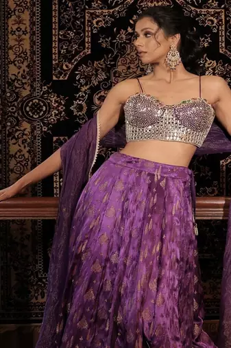 purple embroidered silk Lehenga