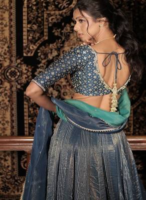teal-blue embroidered silk Lehenga 4