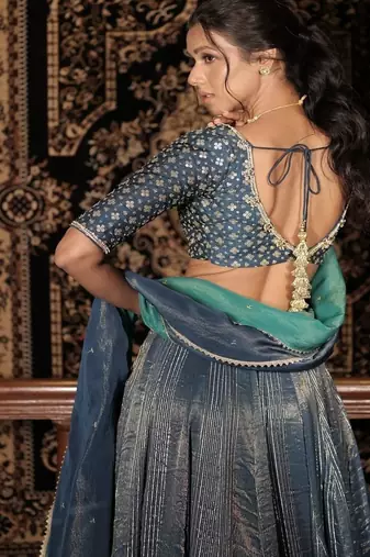 teal-blue embroidered silk Lehenga