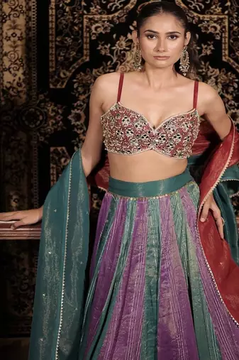 turquoise embroidered silk Lehenga