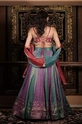 turquoise embroidered silk Lehenga