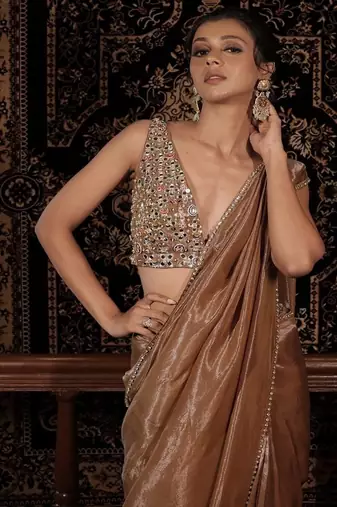 Brown plain tissue  saree