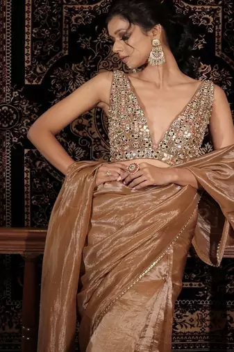 Brown plain tissue  saree