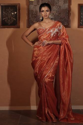 Rust plain tissue saree