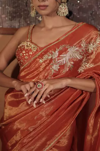 Rust plain tissue saree