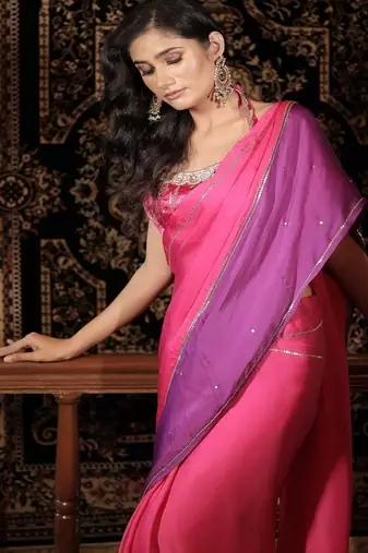 Pink plain organza saree