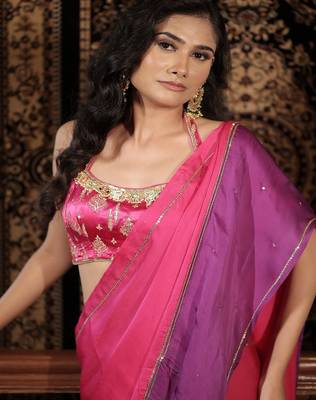Pink plain organza saree 4