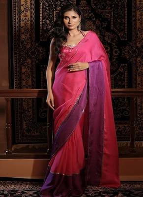 Pink plain organza saree 5