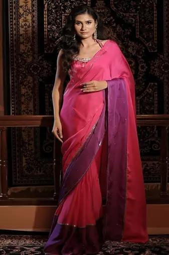 Pink plain organza saree