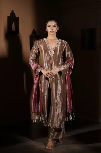 Brown plain tissue  kurta set