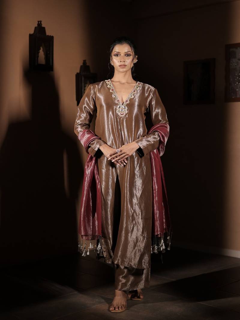 Brown plain tissue  kurta set