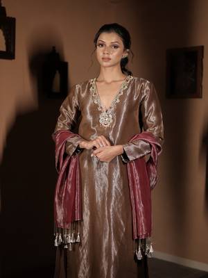 Brown plain tissue  kurta set 3