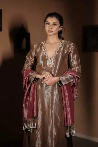 Brown plain tissue  kurta set