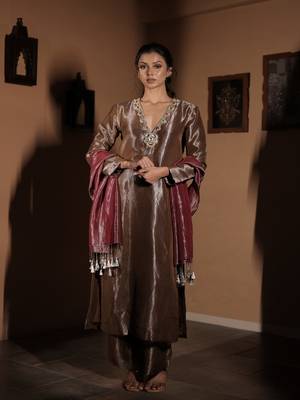 Brown plain tissue  kurta set 4