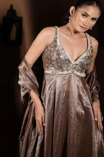 Brown embroidered tissue  gown