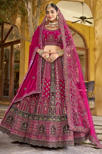 Pink Premium Bridal Lehenga IN Velvet Fabric – Zari, Zarkan & Diamond Hand Embroidery – 5m Flair