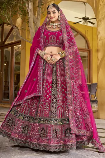 Pink Premium Bridal Lehenga IN Velvet Fabric – Zari, Zarkan & Diamond Hand Embroidery – 5m Flair