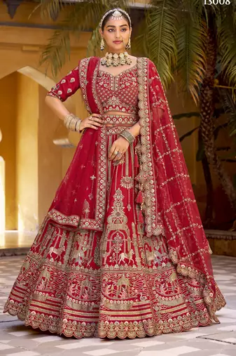 Red Premium Silk Bridal Lehenga – Double Dupatta – 5m Flair – Hand Embroidery & Zarkan Work
