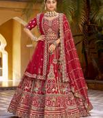Red Premium Silk Bridal Lehenga   Double Dupatta   5m Flair   Hand Embroidery & Zarkan Work