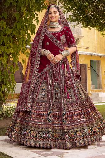 Exclusive Maroon Bridal Lehenga – Premium Velvet – Multi Embroidery – 5m Grand Flair – Designer Double Dupatta