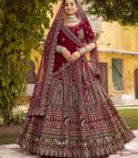 Exclusive Maroon Bridal Lehenga   Premium Velvet   Multi Embroidery   5m Grand Flair   Designer Double Dupatta