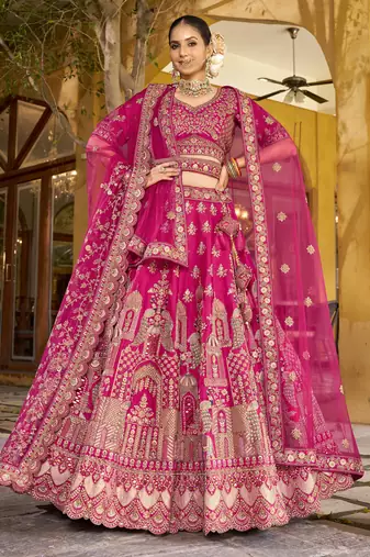 Pink Bridal Premium Silk Lehenga  – 5m Flair – Heavy Multi Embroidery