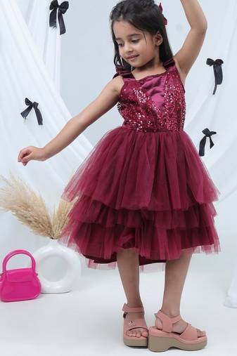 Maroon embroidered net dress
