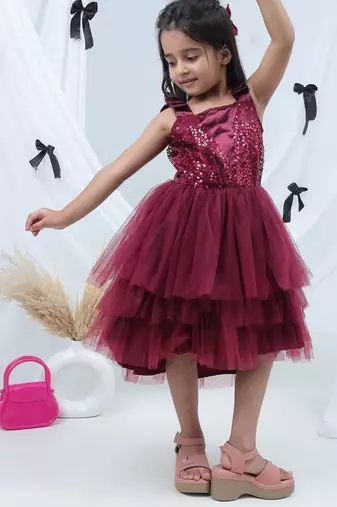 Maroon embroidered net dress
