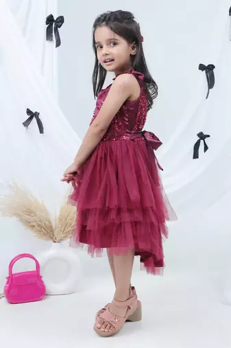 Maroon embroidered net dress