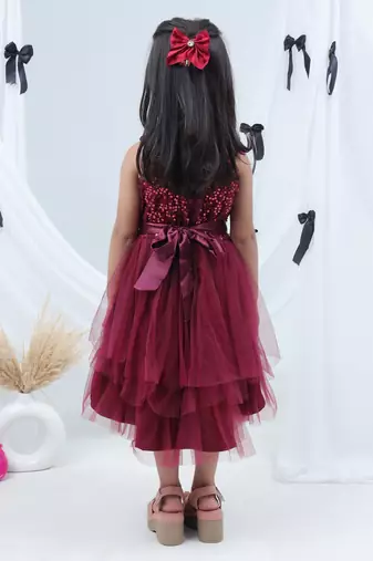 Maroon embroidered net dress