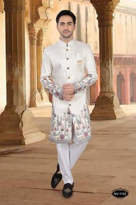 Cream silk embroidery indowestern for mens 1