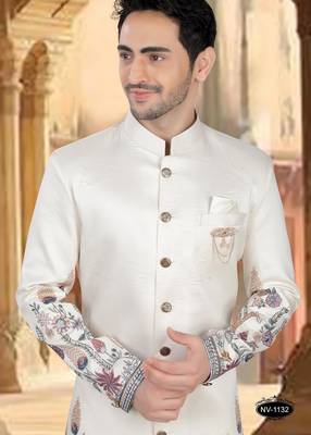 Cream silk embroidery indowestern for mens 3
