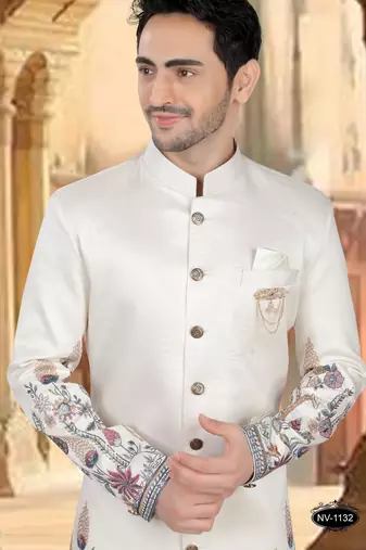 Cream silk embroidery indowestern for mens