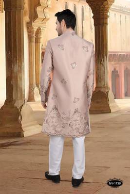 Metalic pink silk embroidery indowestern for mens 2